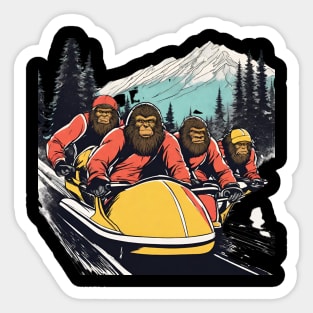 Winter Sports Crew of Bigfoots Bobsleighing in the Snow Funny Bobsleigh Sticker